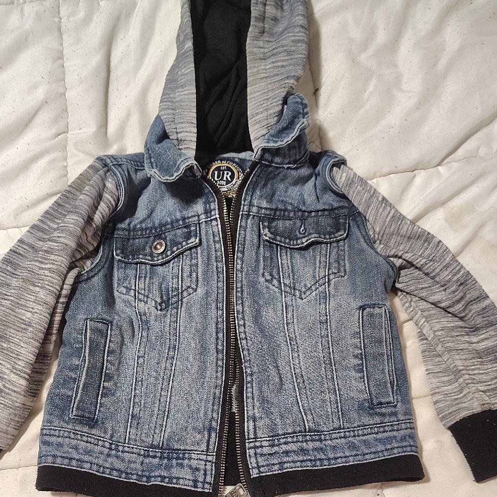 Urban Republic Light Blue Denim Jacket with Gray Knit Hood & Sleeves